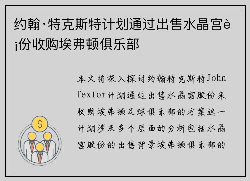 约翰·特克斯特计划通过出售水晶宫股份收购埃弗顿俱乐部